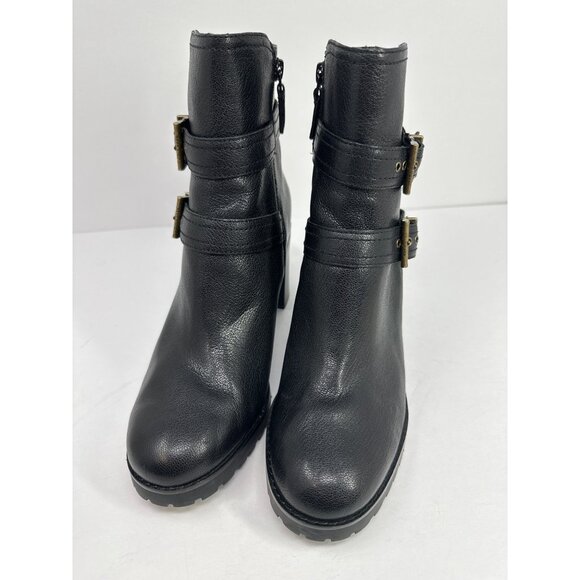 Cole Haan Foster Size 9.5 Leather Double Buckle Block Heel Booties Zip - Picture 2 of 9
